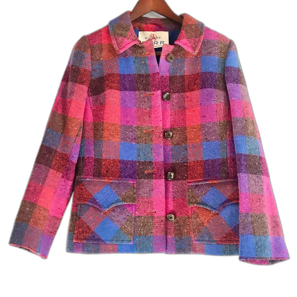 Vintage 1970s-Era Richard Barr Ireland Bright Pink Plaid 100% Wool Blazer Jacket - Picture 2 of 11